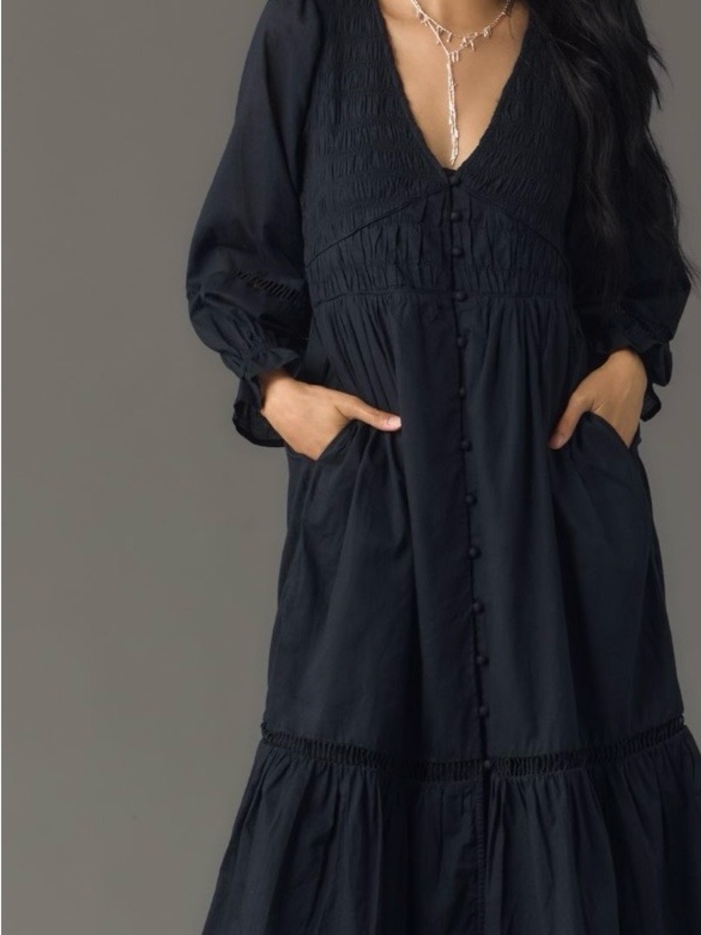 NWT Anthropologie Peregrine Blk Long Sleeve MIDI Dress Size M